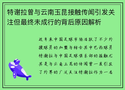 特谢拉曾与云南玉昆接触传闻引发关注但最终未成行的背后原因解析