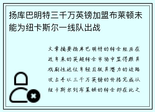 扬库巴明特三千万英镑加盟布莱顿未能为纽卡斯尔一线队出战